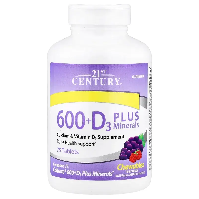 21st Century, 600 + D3 Plus Minerals, Fruit Punch, 75 Tablets