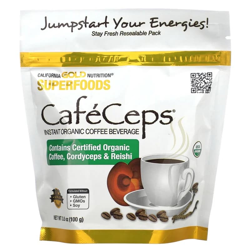 California Gold Nutrition, CafeCeps, Certified Organic Instant Coffee with Full-Spectrum, Organic Cordyceps and Reishi Mushroom Powder, 3.5 oz (100 g)